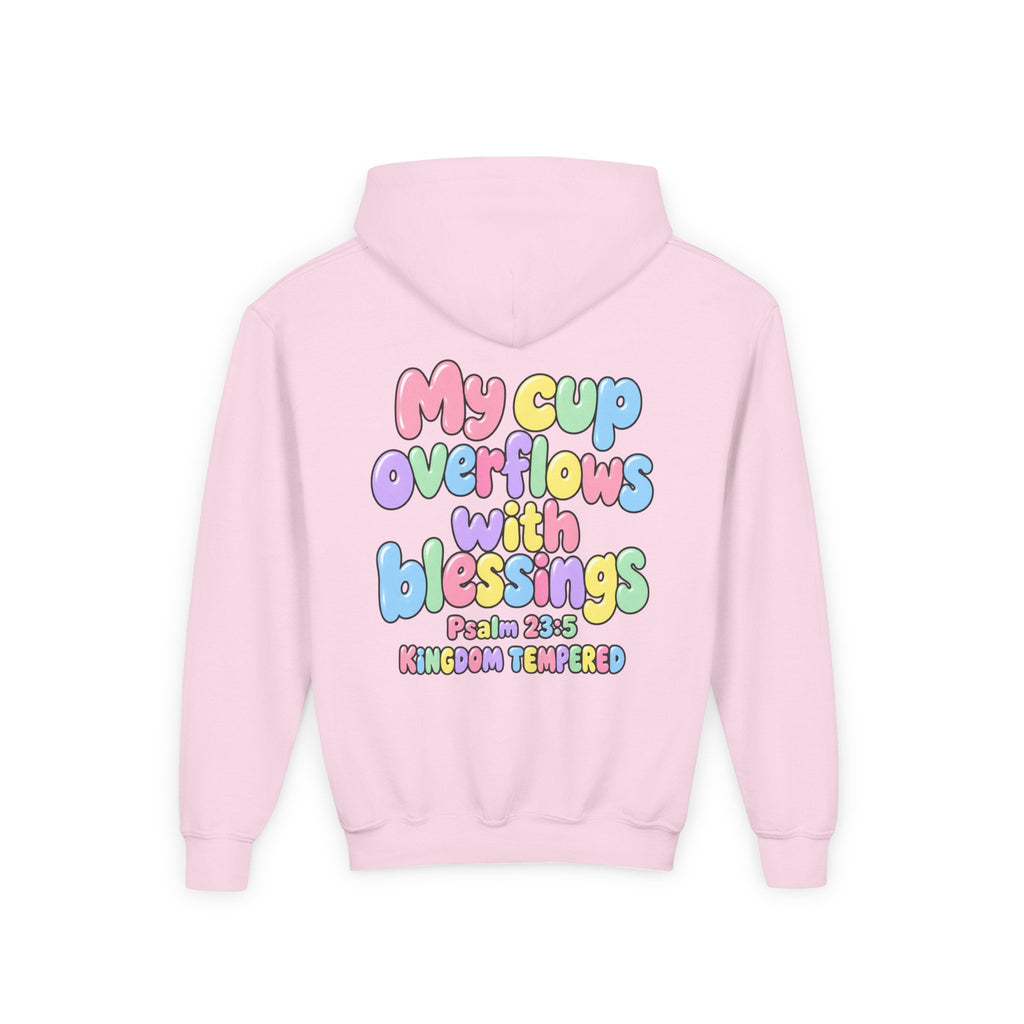 Youth Hoodie — "My Cup Overflows with Blessings" Pastel Christian Psalm 23:5 Design