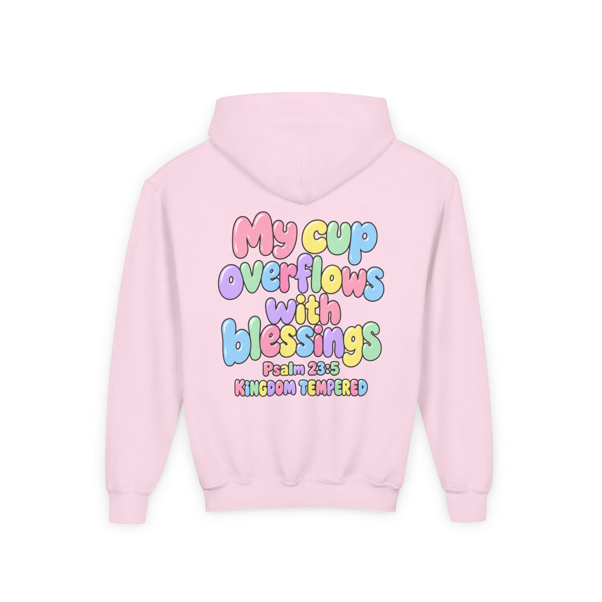 Youth Hoodie — "My Cup Overflows with Blessings" Pastel Christian Psalm 23:5 Design