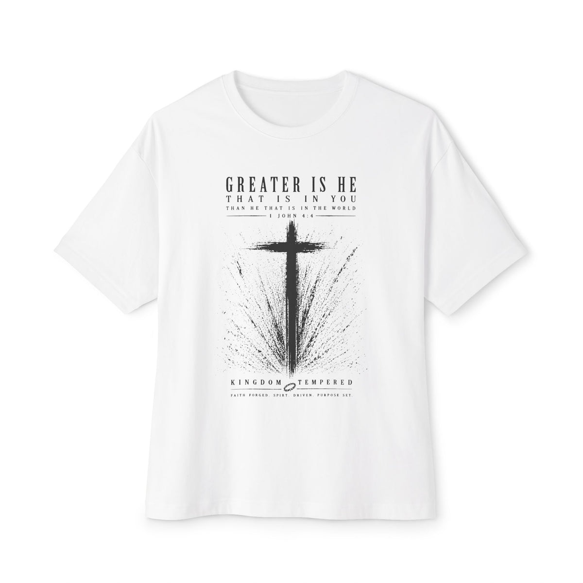Christian Cross Tee — “Greater Is He” Inspirational Faith T-Shirt