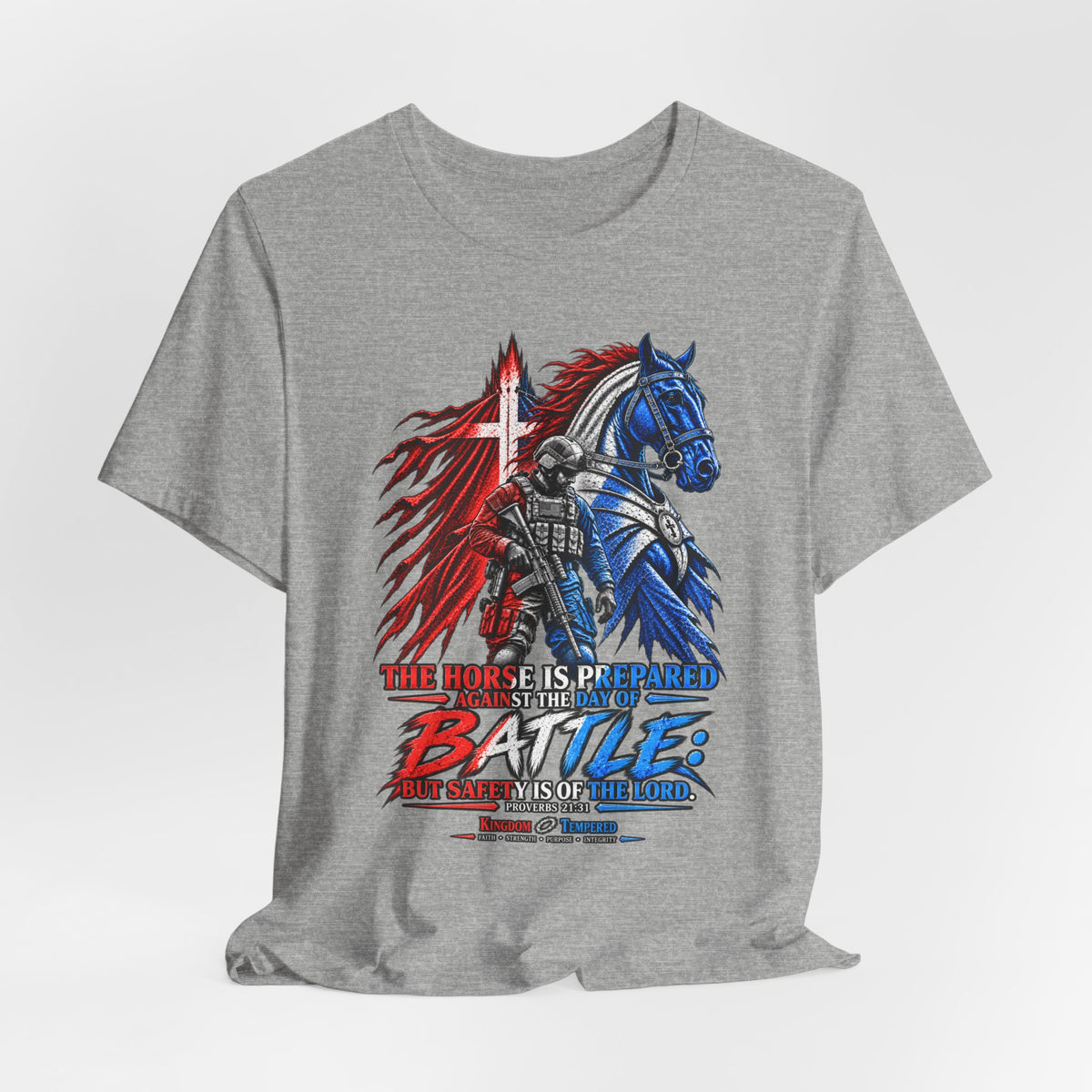 Battle Knight Tee — Patriotic Red & Blue Knight Horse Graphic T-Shirt