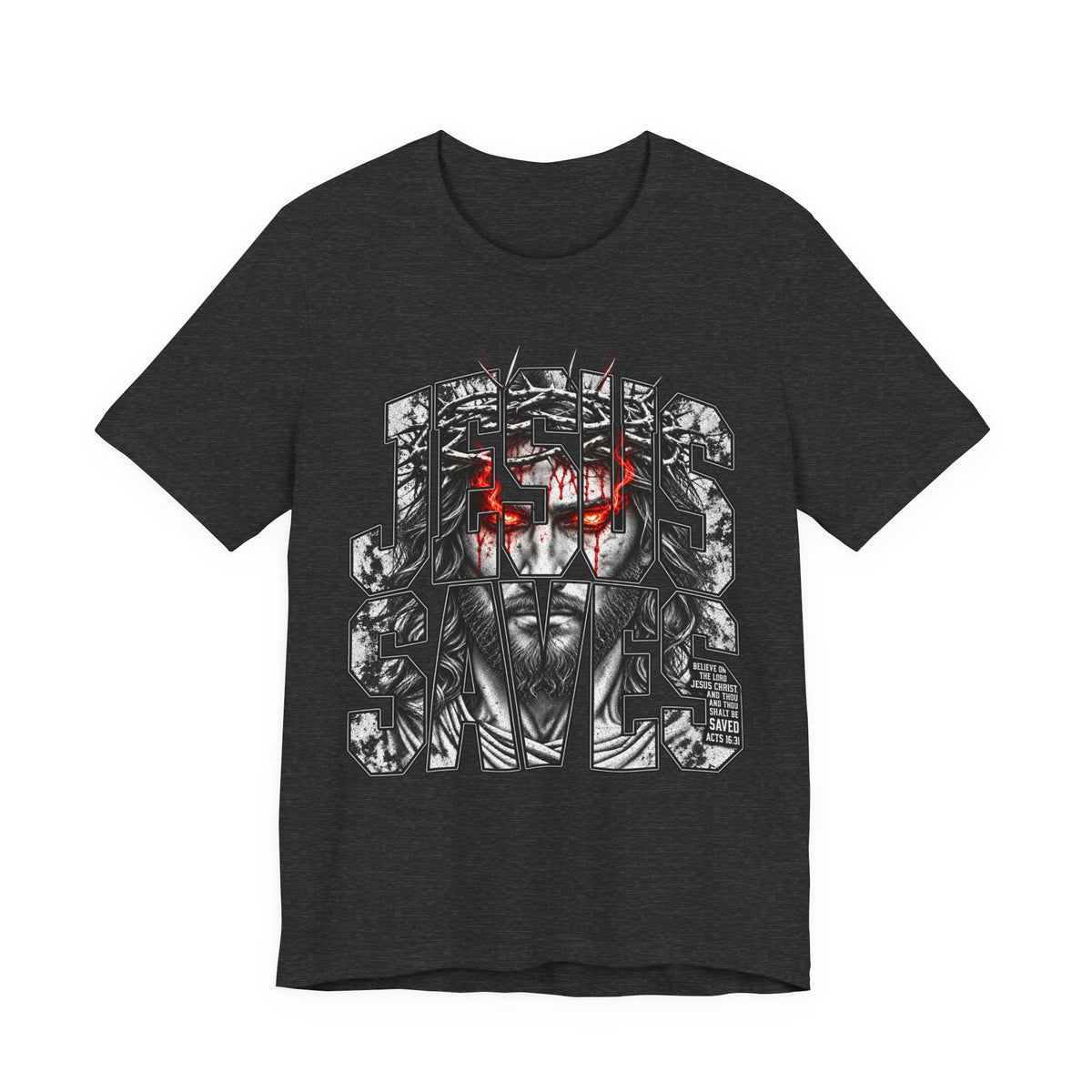 Jesus Saves Graphic Tee — Gothic Jesus Face Typography T-Shirt