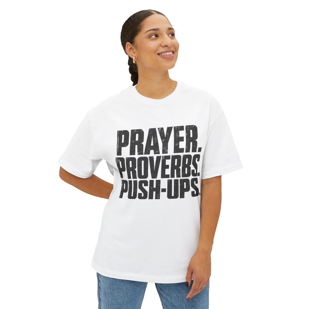 Prayer. Proverbs. Push-Ups. Oversized boxy Tee — Christian Faith & Fitness Graphic T-Shirt