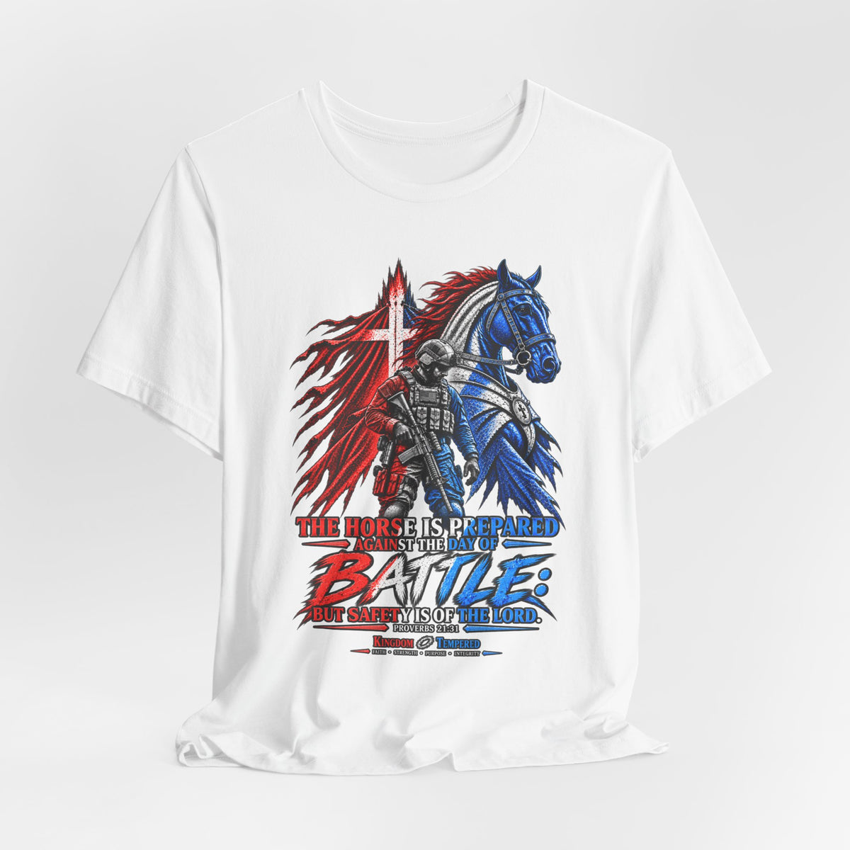 Battle Knight Tee — Patriotic Red & Blue Knight Horse Graphic T-Shirt