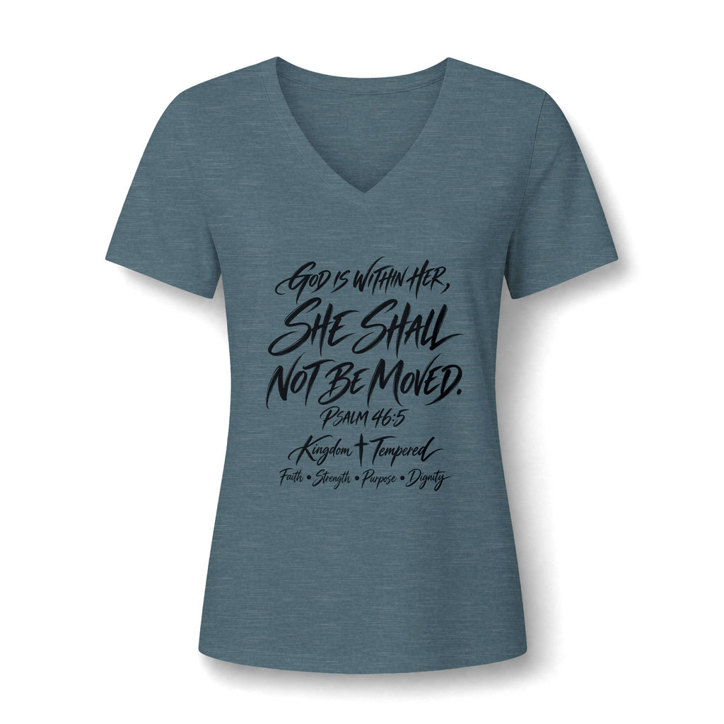 V-Neck Tee — "She Shall Not Be Moved" Inspirational Christian Scripture Shirt