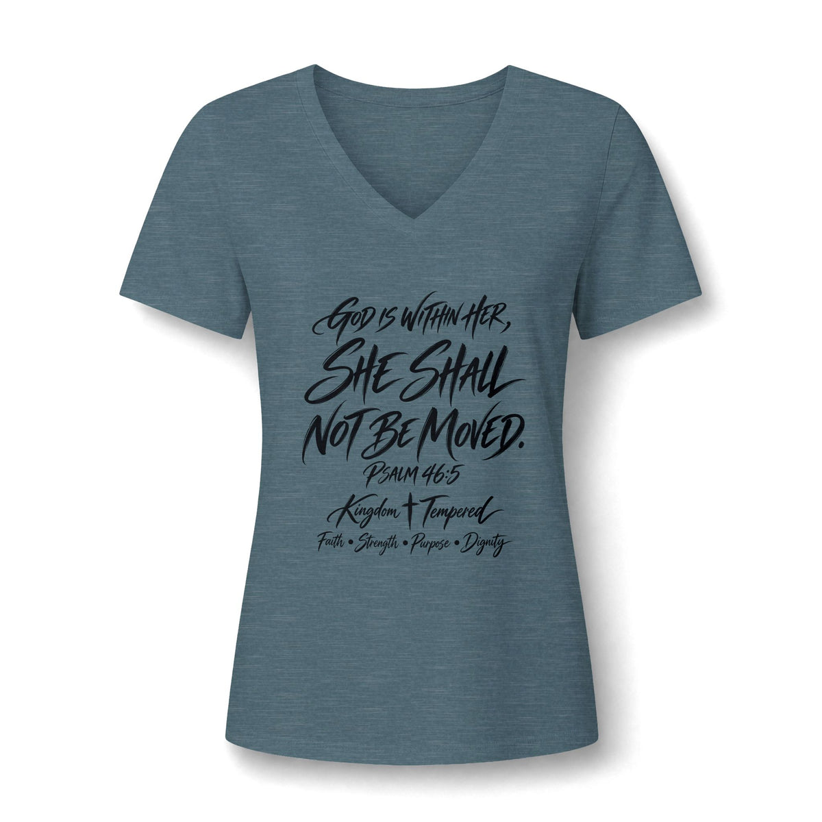 V-Neck Tee — "She Shall Not Be Moved" Inspirational Christian Scripture Shirt