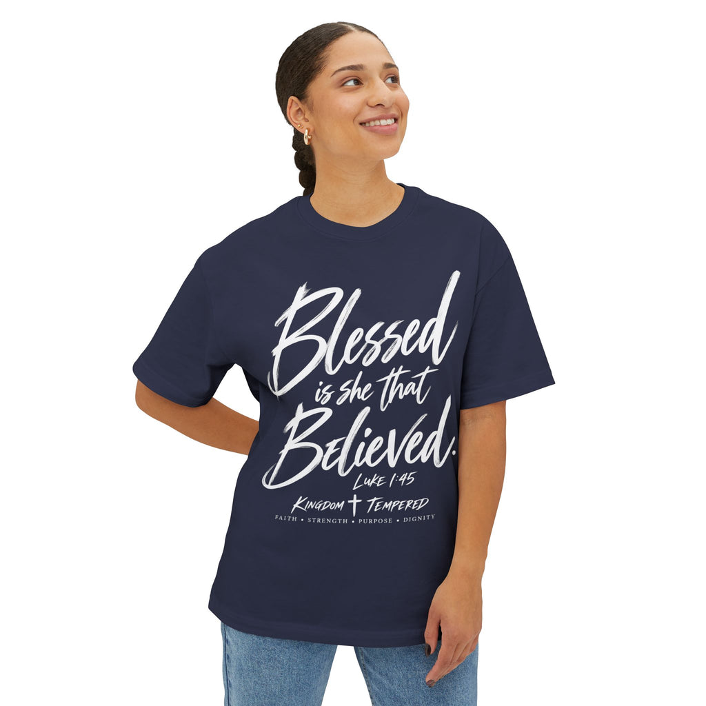 Blessed Is She That Believed Tee — Inspirational Christian Scripture Shirt (Luke 1:45)