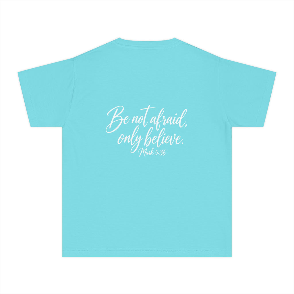 Faith Over Fear Youth Tee White lettering — Inspirational Christian Kids T‑Shirt (Be Not Afraid, Only Believe)