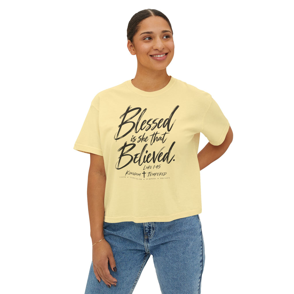 Blessed Is She That Believed Boxy Tee — Christian Scripture Women’s Crop Shirt