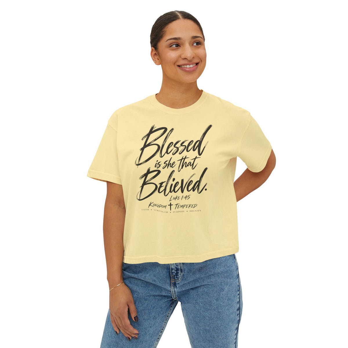 Blessed Is She That Believed Boxy Tee — Christian Scripture Women’s Crop Shirt