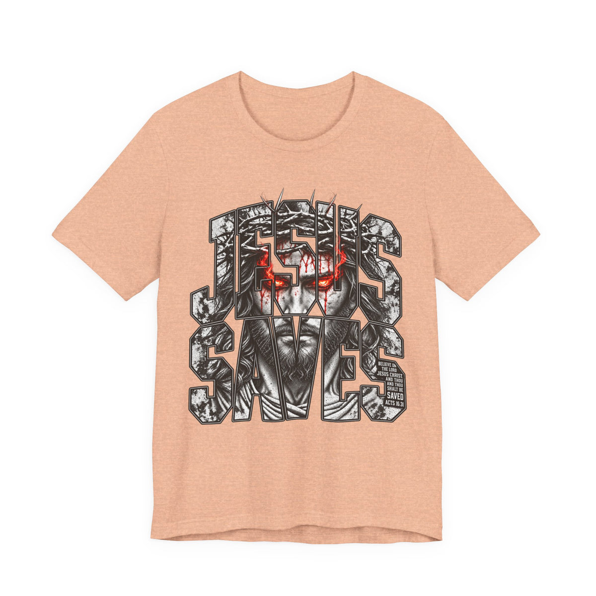 Jesus Saves Graphic Tee — Gothic Jesus Face Typography T-Shirt