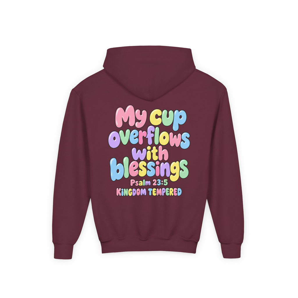 Youth Hoodie — "My Cup Overflows with Blessings" Pastel Christian Psalm 23:5 Design