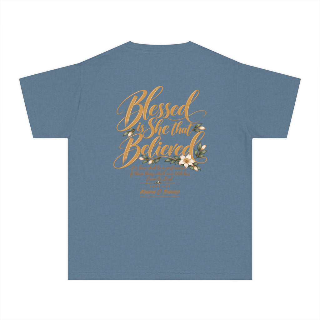 Youth Tee — "Blessed Is She That Believed" Inspirational Christian Kids Shirt