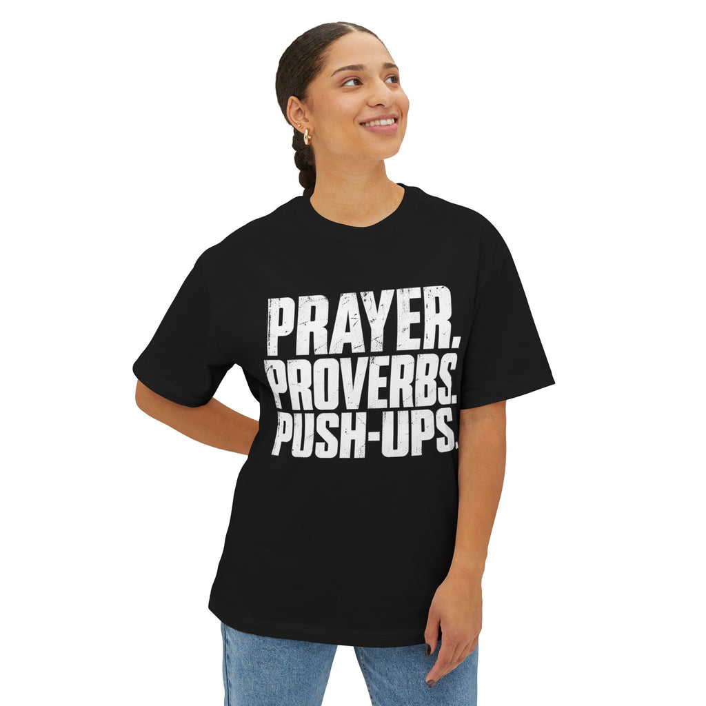 Prayer. Proverbs. Push-Ups. Oversized boxy Tee — Christian Faith & Fitness Graphic T-Shirt