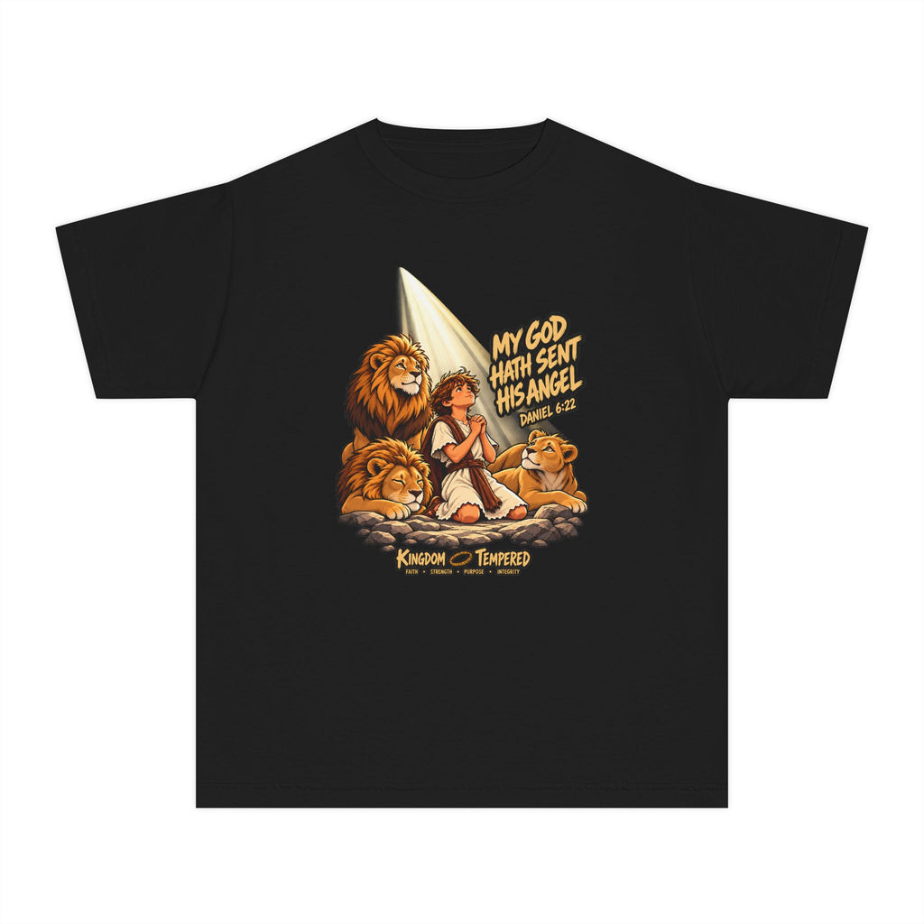 Christian Youth Tee — “My God Has Sent His Angel” Lion & Prayer Graphic