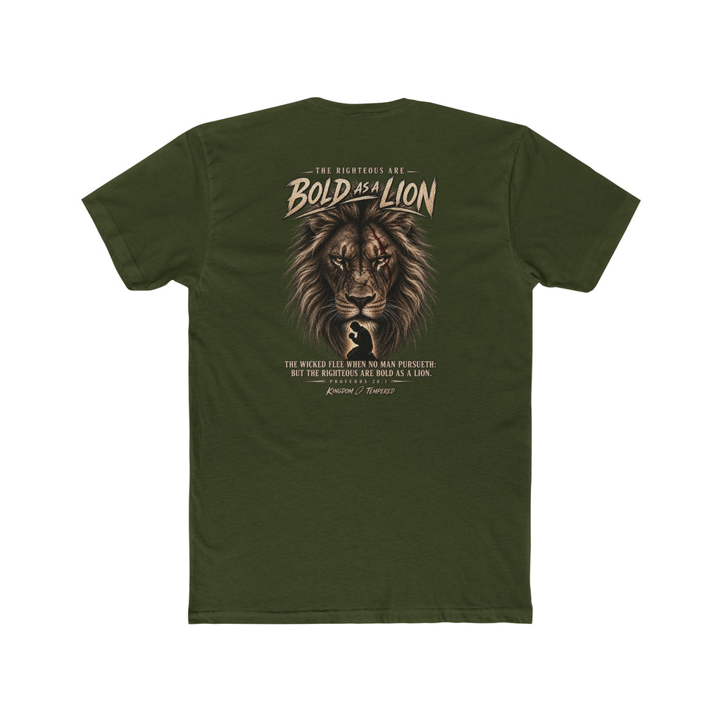 Lion Graphic Tee — "Bold as a Lion" Inspirational Christian Tee (Kingdom-Tempered) — Proverbs 28:1