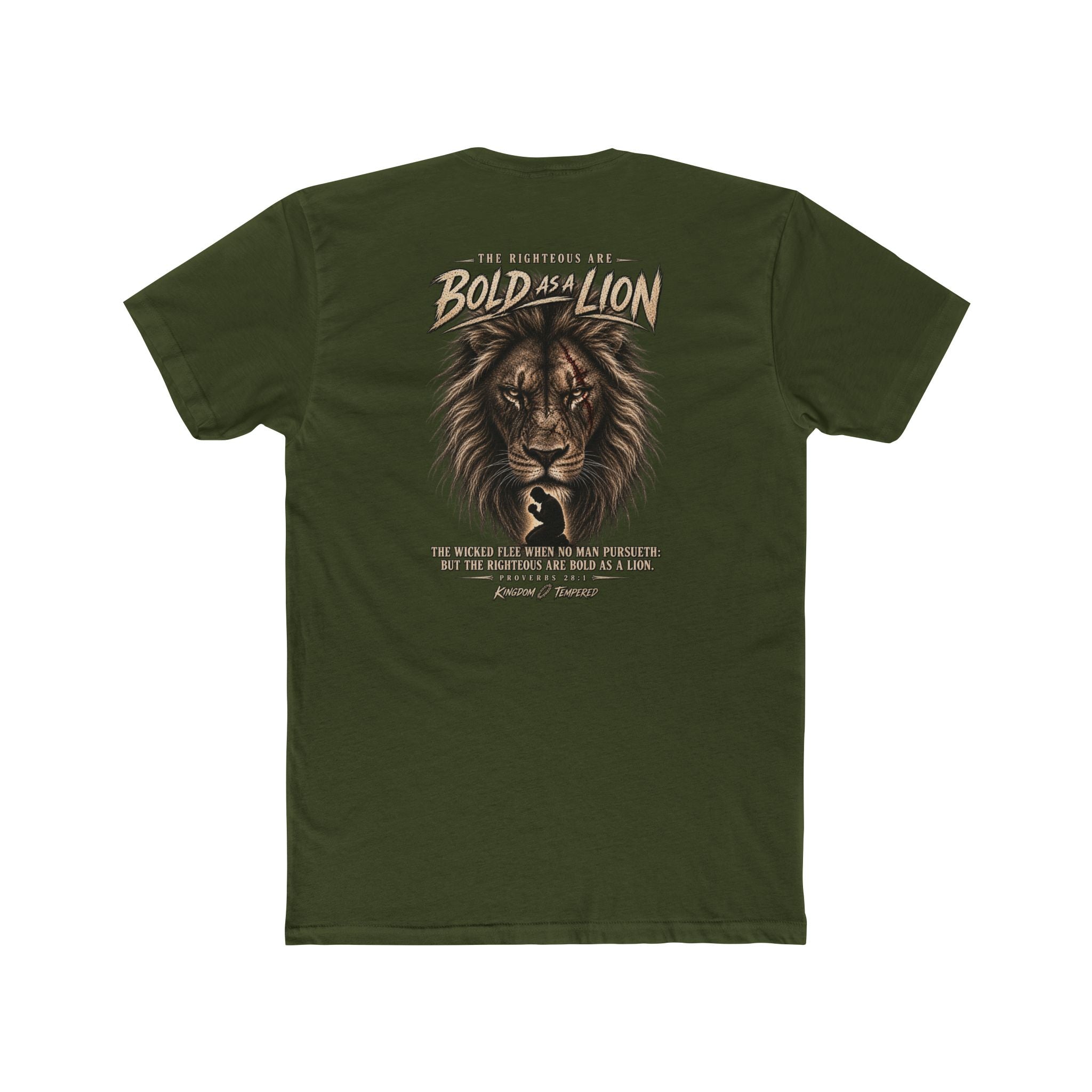 Lion Graphic Tee — "Bold as a Lion" Inspirational Christian Tee (Kingdom-Tempered) — Proverbs 28:1