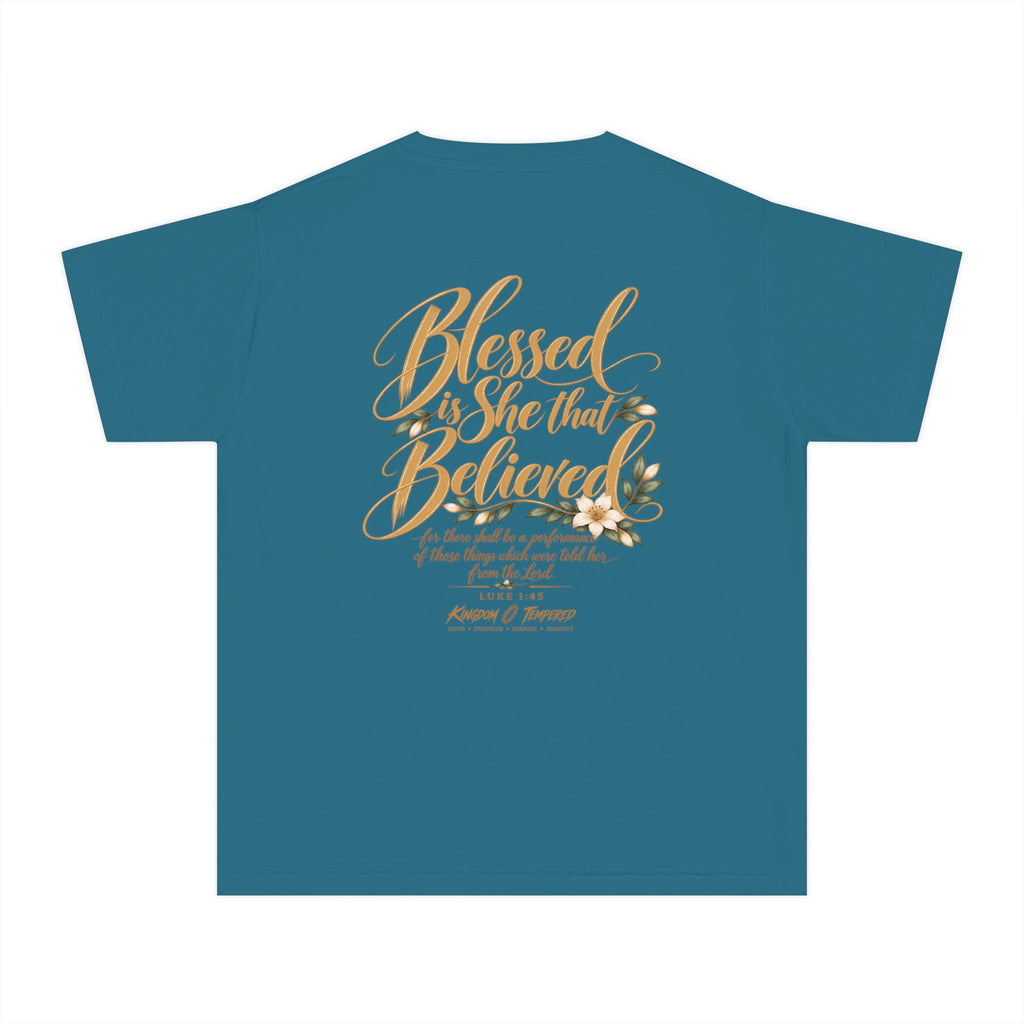 Youth Tee — "Blessed Is She That Believed" Inspirational Christian Kids Shirt