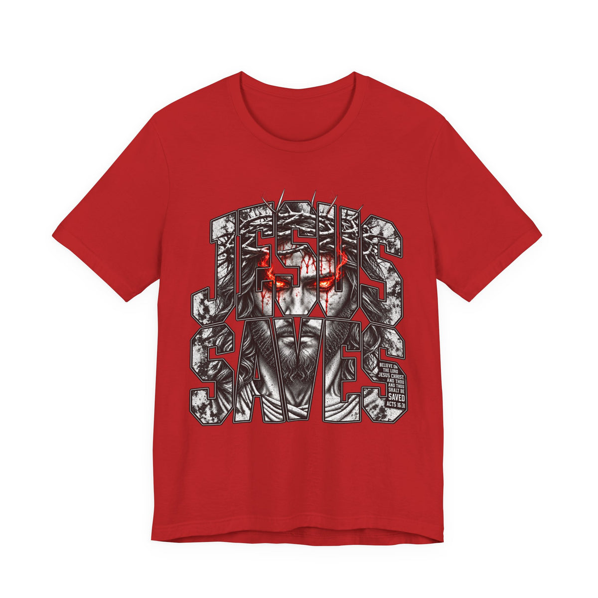Jesus Saves Graphic Tee — Gothic Jesus Face Typography T-Shirt