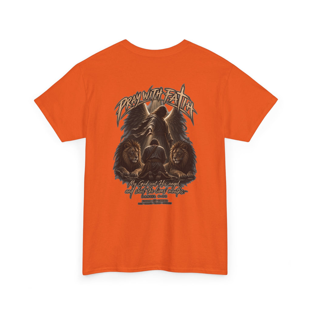 Pray With Faith Tee — Lion & Cross Christian Graphic T-Shirt