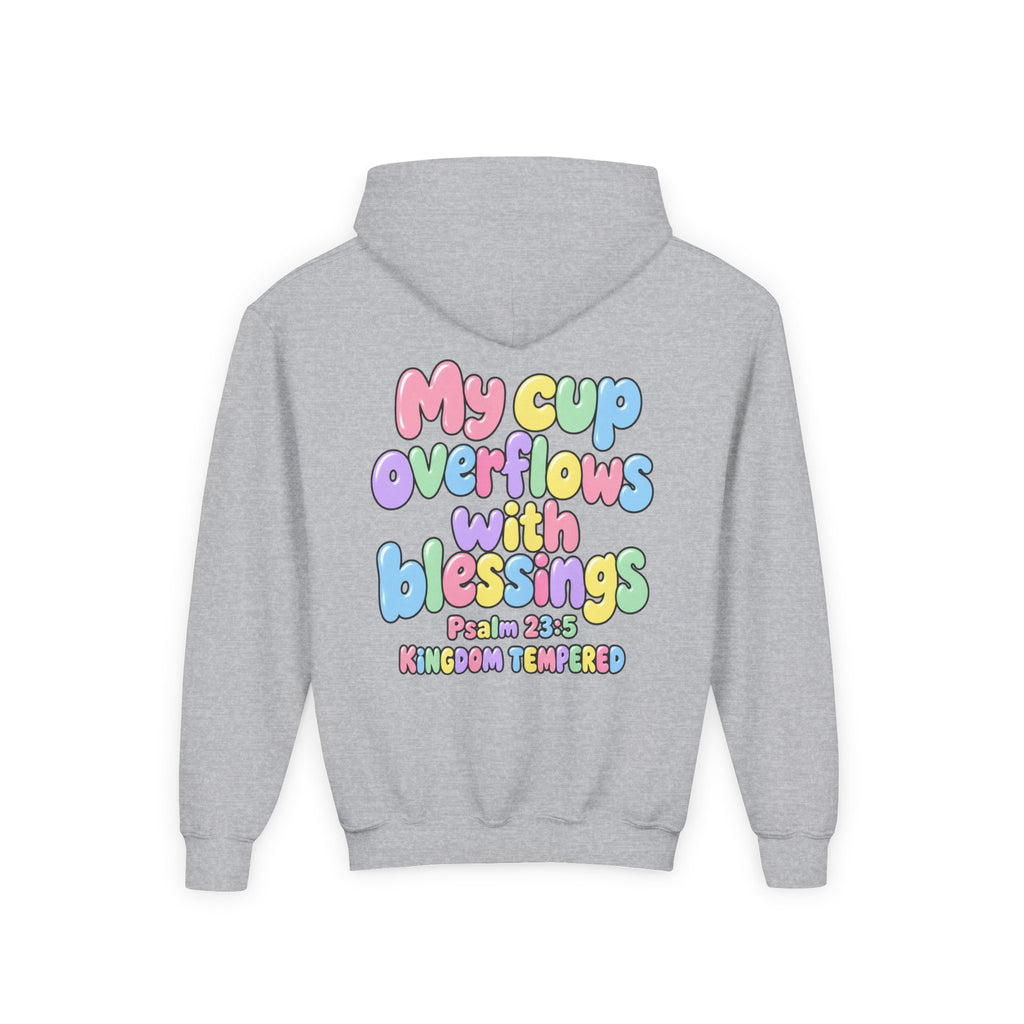 Youth Hoodie — "My Cup Overflows with Blessings" Pastel Christian Psalm 23:5 Design