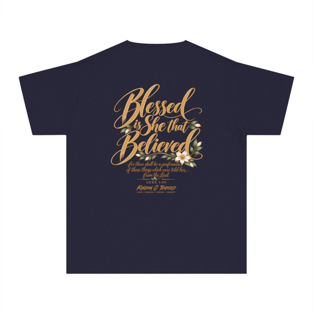 Youth Tee — "Blessed Is She That Believed" Inspirational Christian Kids Shirt