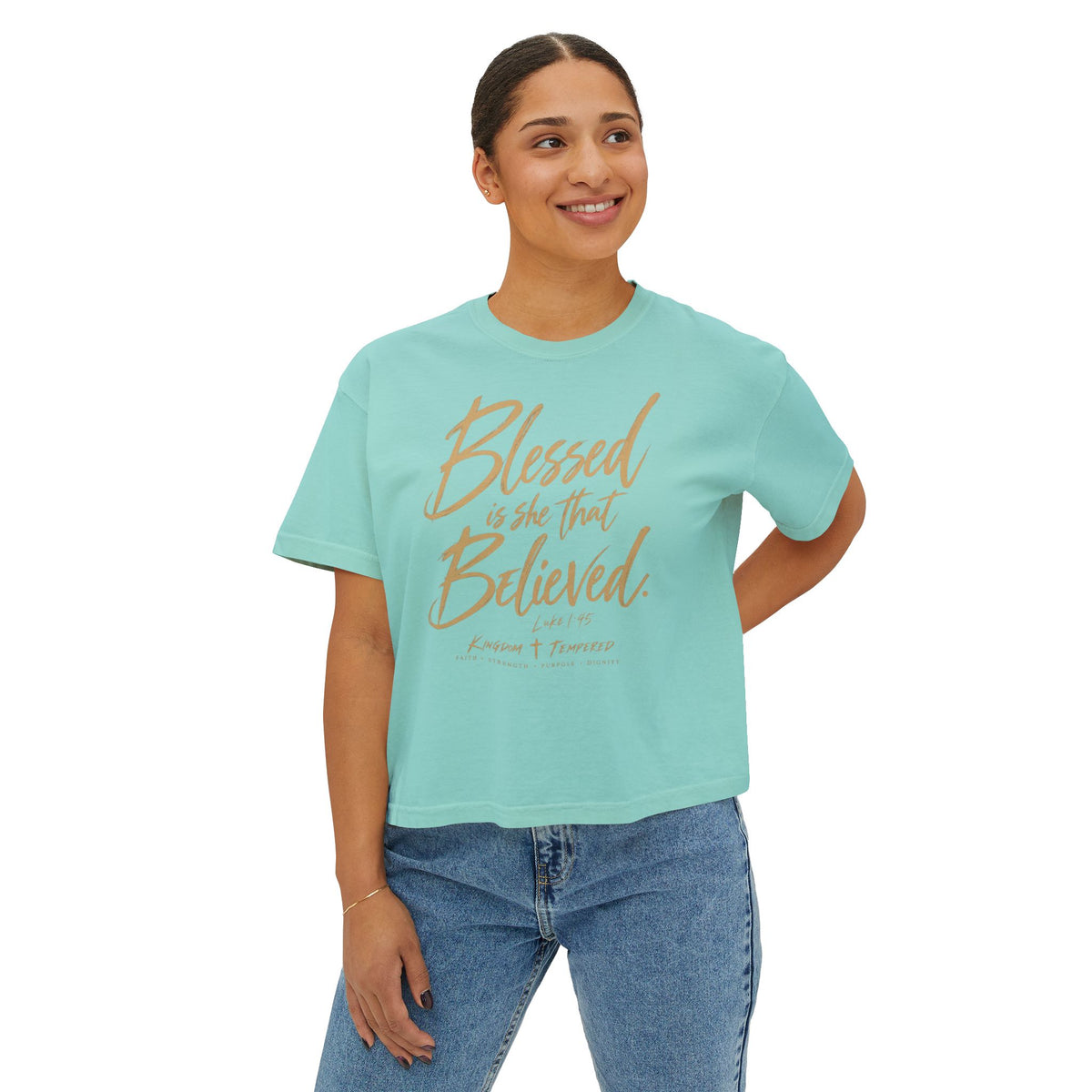 Blessed Is She Boxy Tee - Christian Faith Scripture Graphic