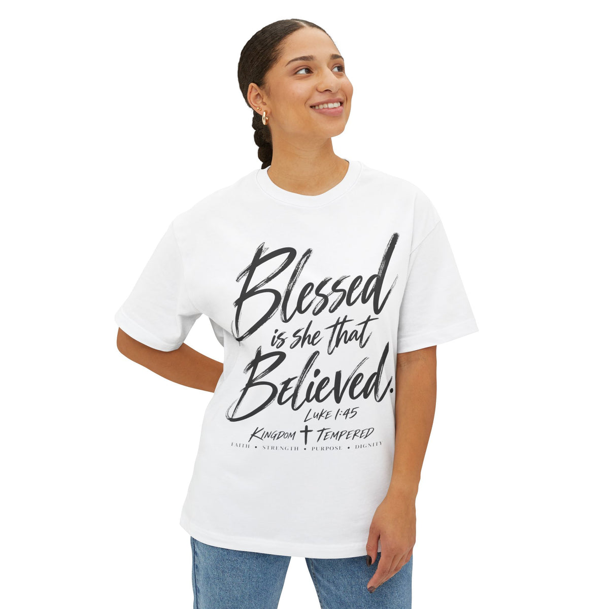 Blessed Is She That Believed Tee — Inspirational Christian Scripture Shirt (Luke 1:45)