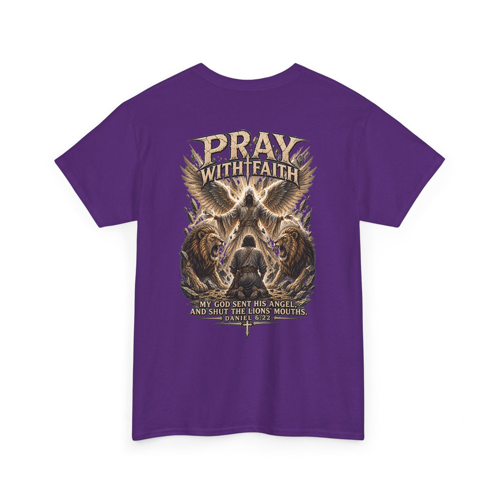 Pray With Faith Tee — Lion & Cross Christian Graphic T-Shirt