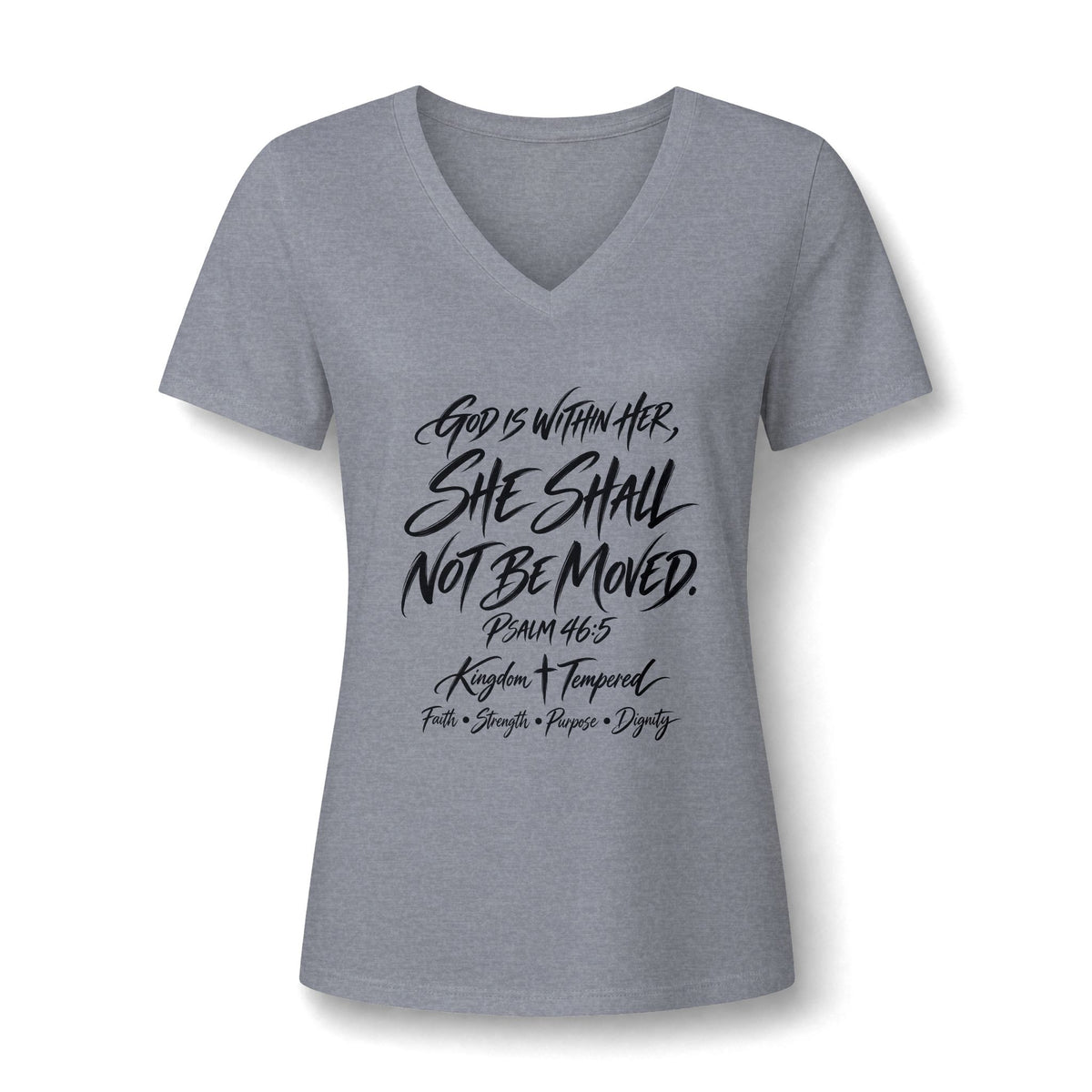 V-Neck Tee — "She Shall Not Be Moved" Inspirational Christian Scripture Shirt