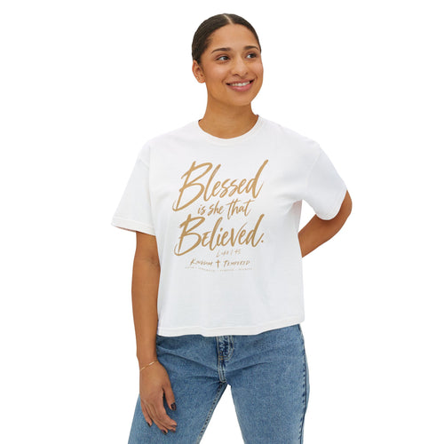 Blessed Is She Boxy Tee - Christian Faith Scripture Graphic