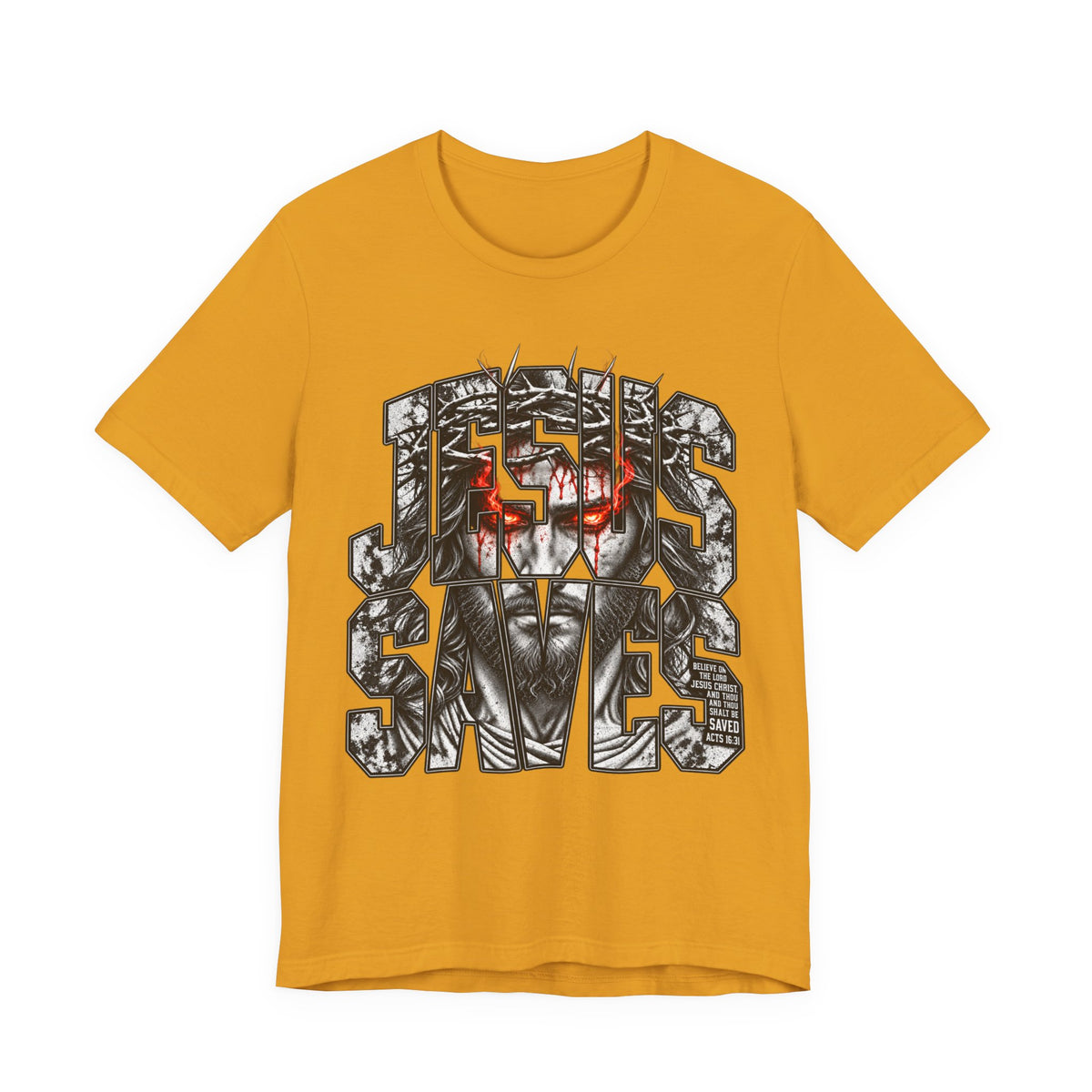 Jesus Saves Graphic Tee — Gothic Jesus Face Typography T-Shirt