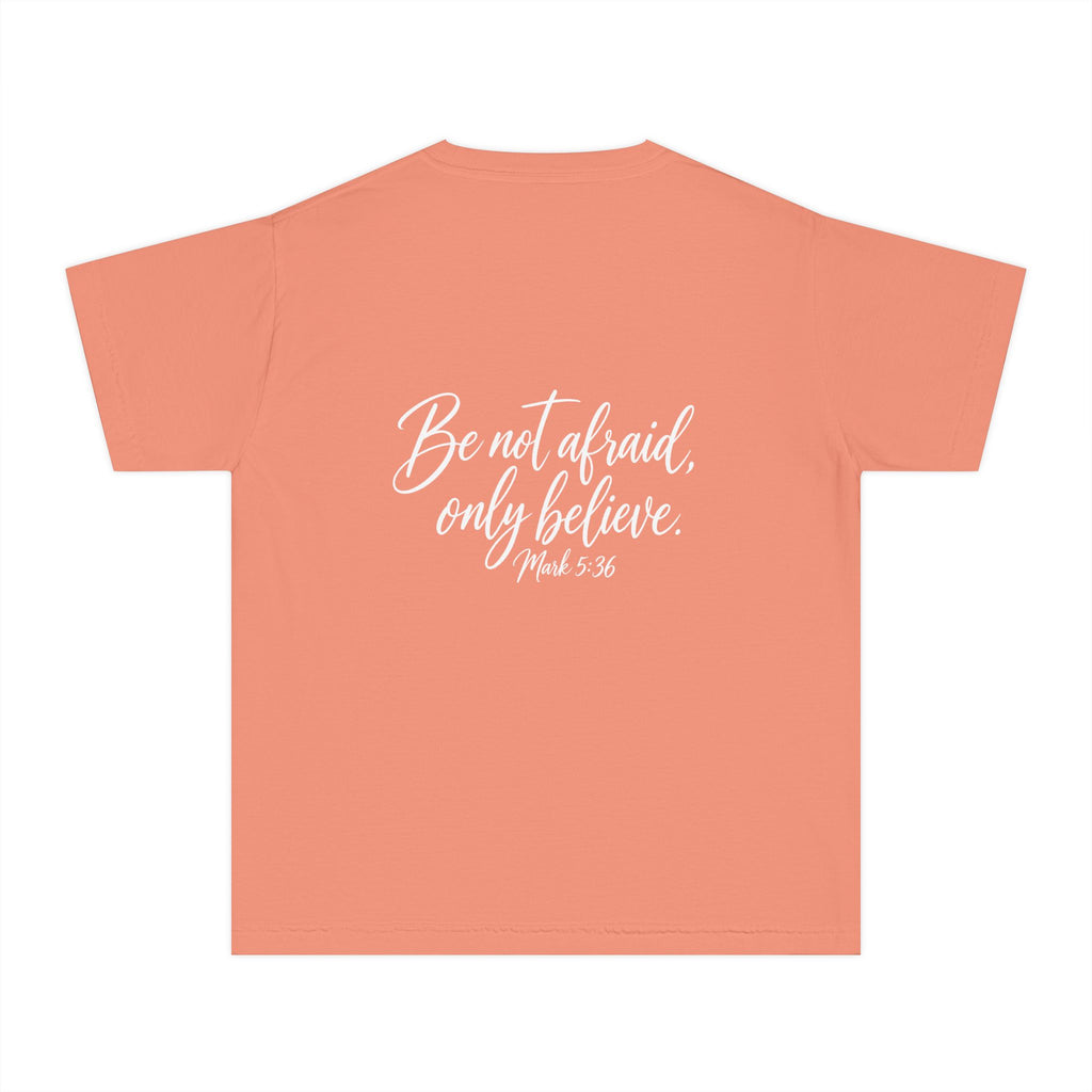 Faith Over Fear Youth Tee White lettering — Inspirational Christian Kids T‑Shirt (Be Not Afraid, Only Believe)