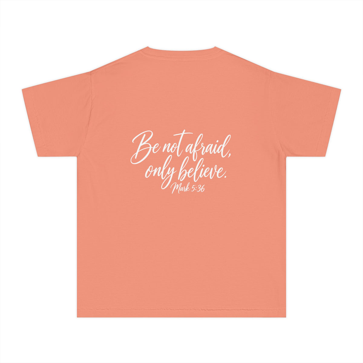 Faith Over Fear Youth Tee White lettering — Inspirational Christian Kids T‑Shirt (Be Not Afraid, Only Believe)