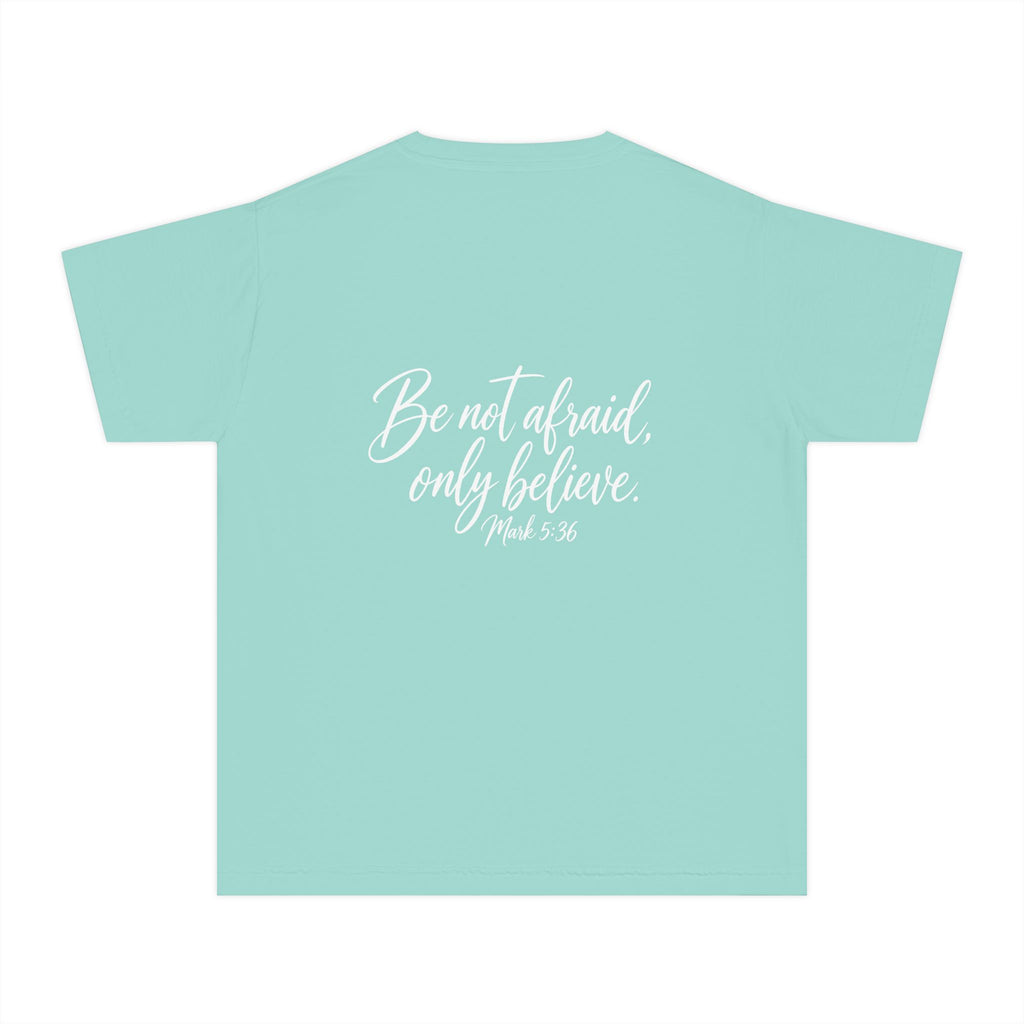 Faith Over Fear Youth Tee White lettering — Inspirational Christian Kids T‑Shirt (Be Not Afraid, Only Believe)
