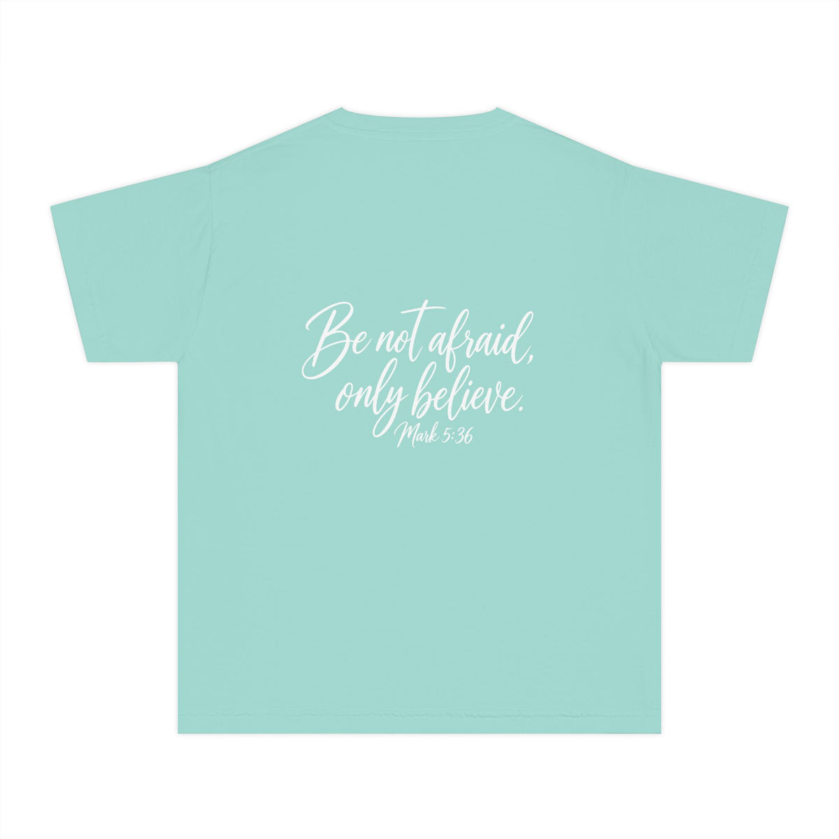 Faith Over Fear Youth Tee White lettering — Inspirational Christian Kids T‑Shirt (Be Not Afraid, Only Believe)