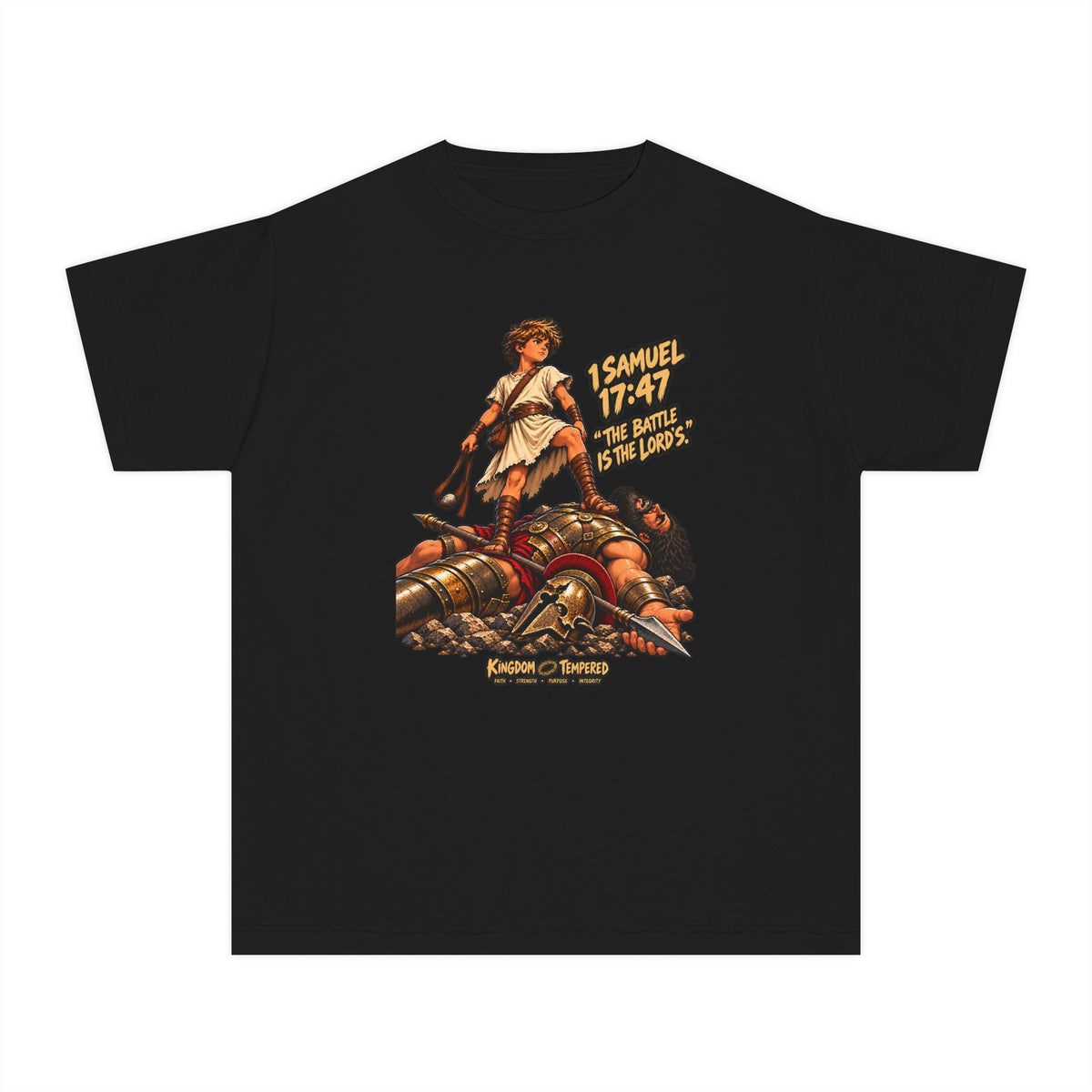 Youth Adventure Tee — “Samuel 1:47 I Must Stay True to the Lord” Biblical David and Goliath Graphic