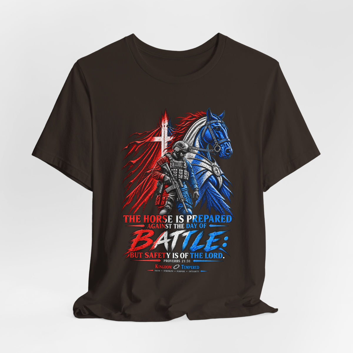 Battle Knight Tee — Patriotic Red & Blue Knight Horse Graphic T-Shirt