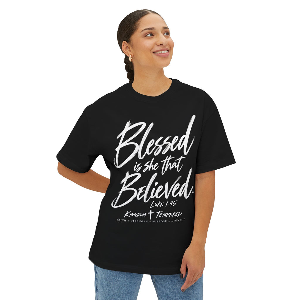 Blessed Is She That Believed Tee — Inspirational Christian Scripture Shirt (Luke 1:45)