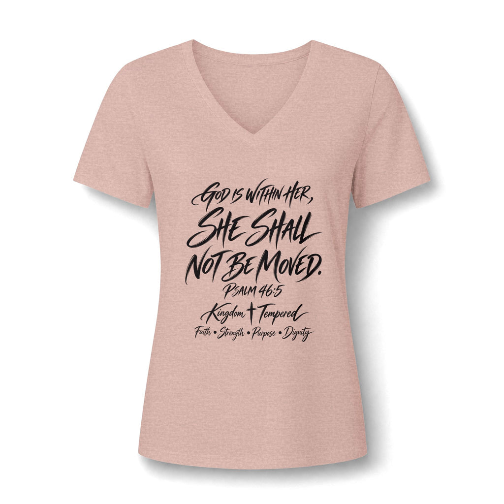 V-Neck Tee — "She Shall Not Be Moved" Inspirational Christian Scripture Shirt