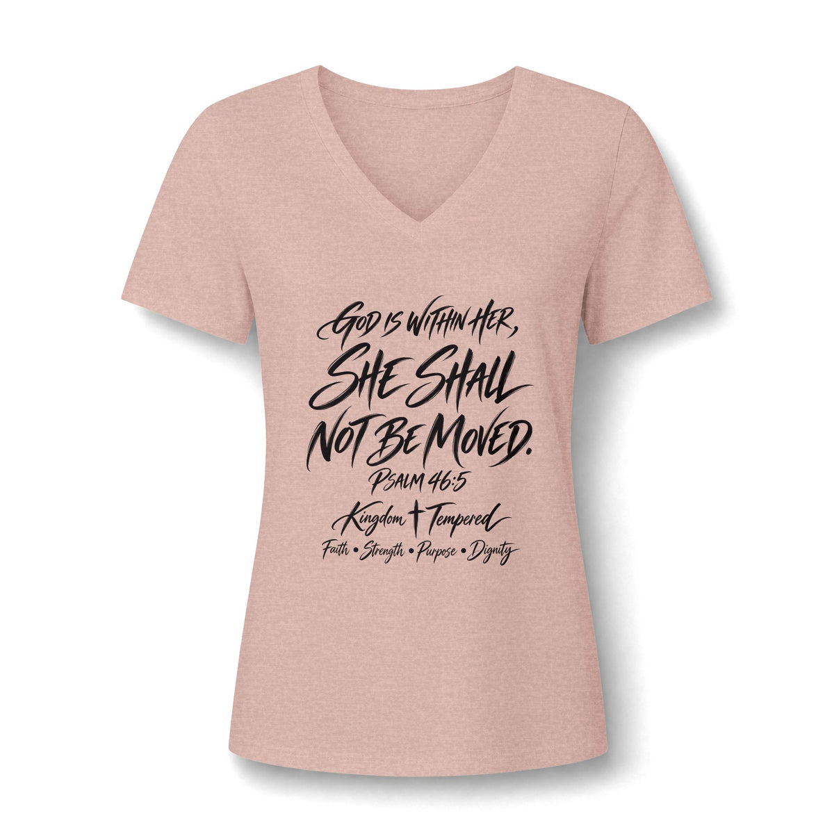 V-Neck Tee — "She Shall Not Be Moved" Inspirational Christian Scripture Shirt