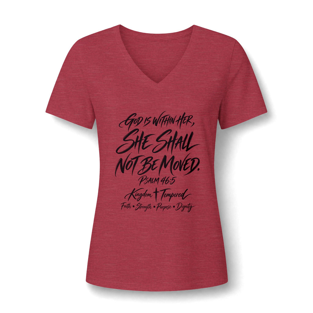 V-Neck Tee — "She Shall Not Be Moved" Inspirational Christian Scripture Shirt