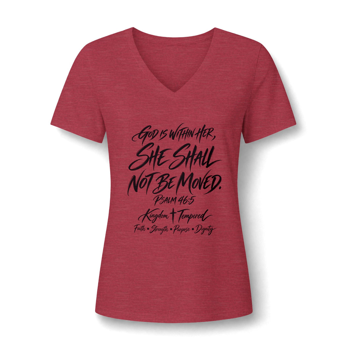 V-Neck Tee — "She Shall Not Be Moved" Inspirational Christian Scripture Shirt