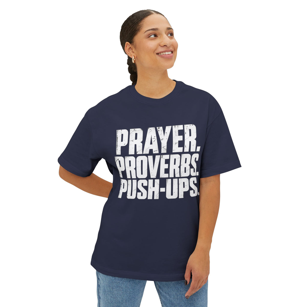 Prayer. Proverbs. Push-Ups. Oversized boxy Tee — Christian Faith & Fitness Graphic T-Shirt