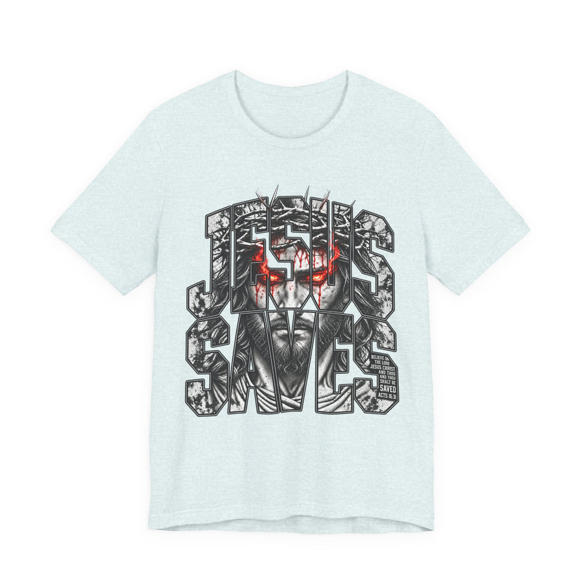 Jesus Saves Graphic Tee — Gothic Jesus Face Typography T-Shirt