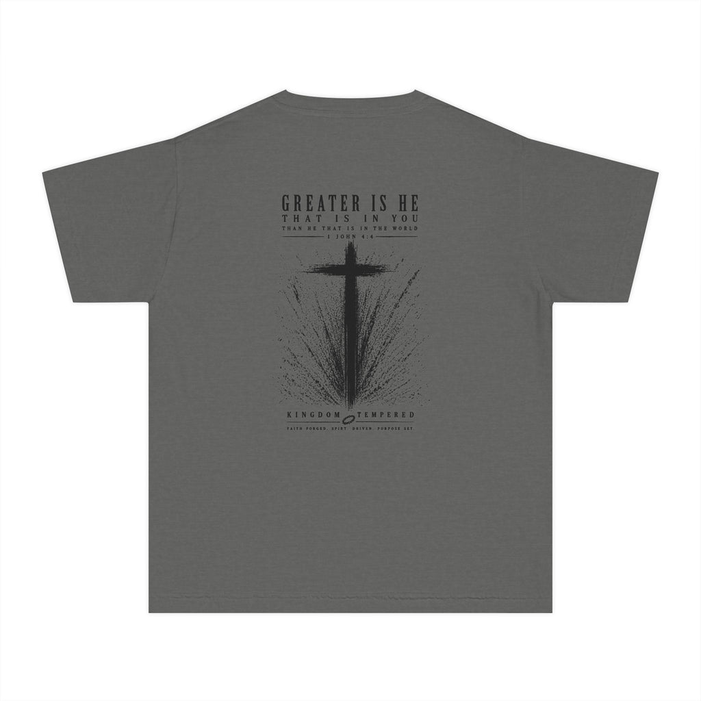 Youth Christian Cross Tee — "Greater Is He" Inspirational Church Shirt