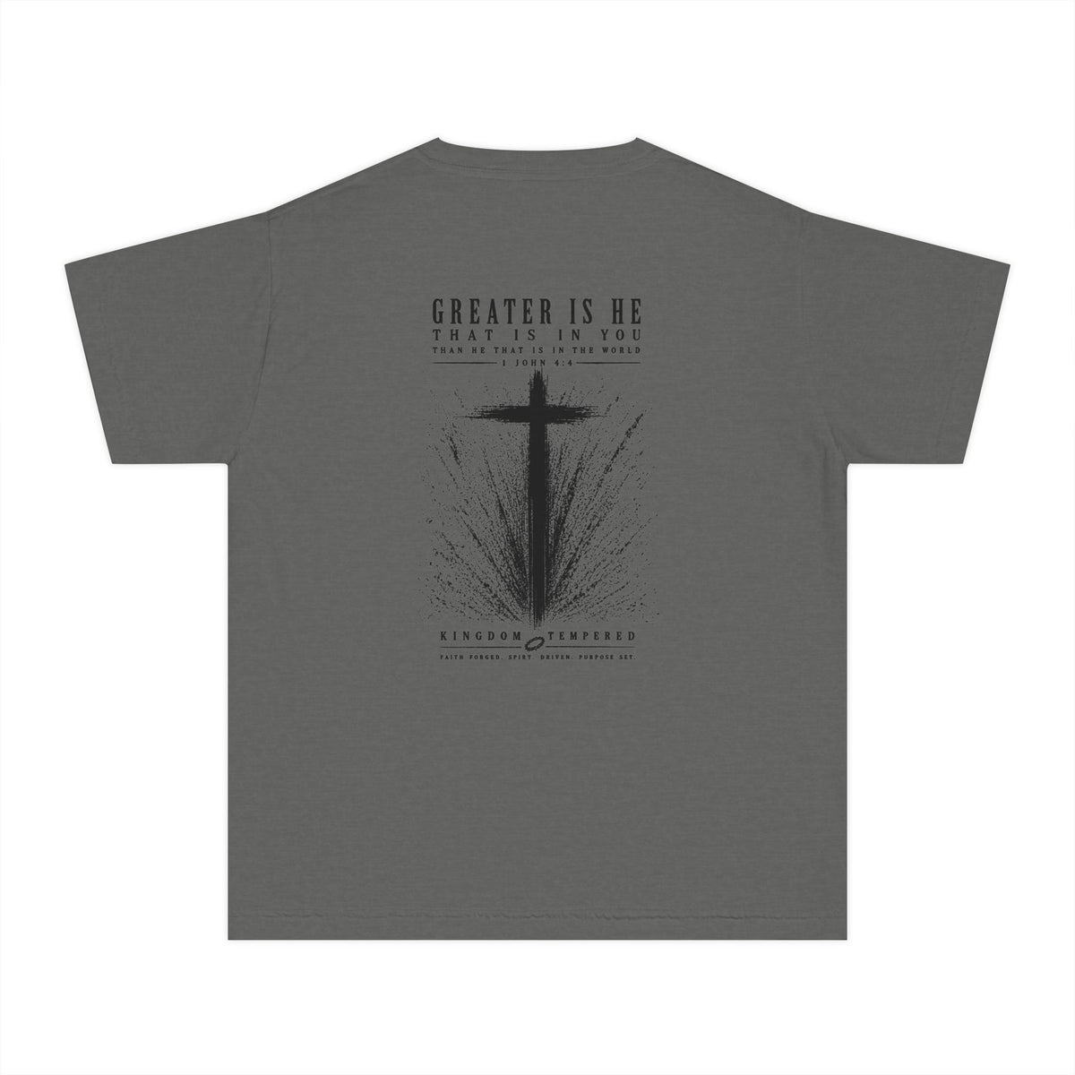 Youth Christian Cross Tee — "Greater Is He" Inspirational Church Shirt