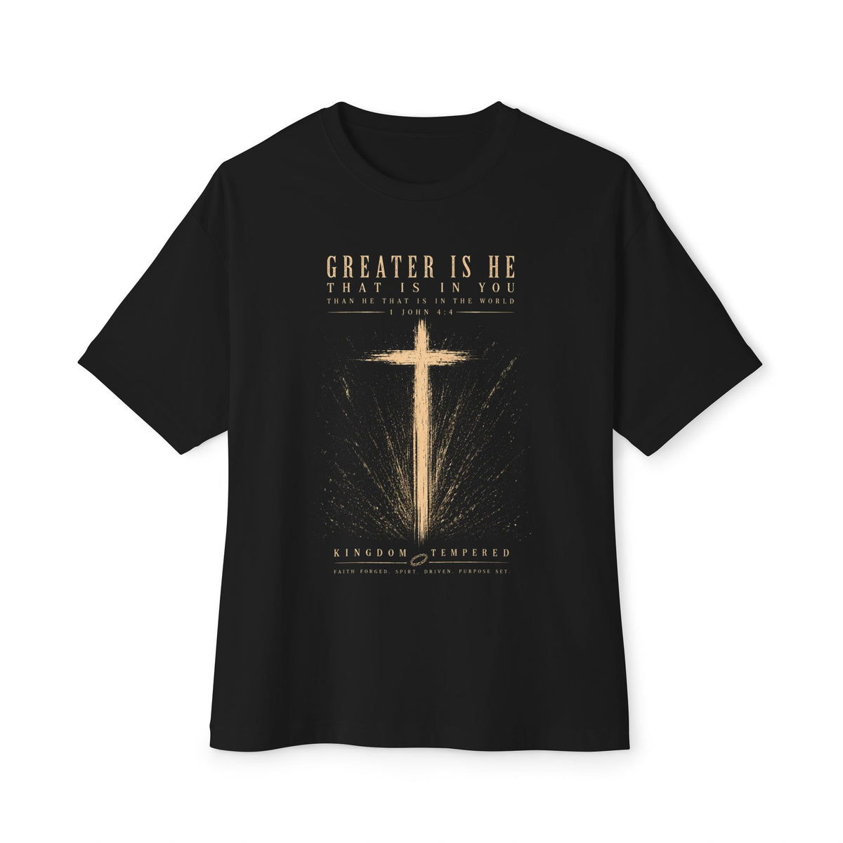 Christian Cross Tee — “Greater Is He” Inspirational Faith T-Shirt