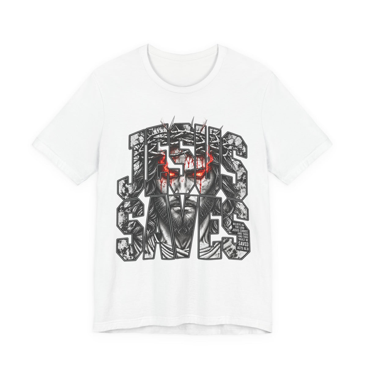 Jesus Saves Graphic Tee — Gothic Jesus Face Typography T-Shirt