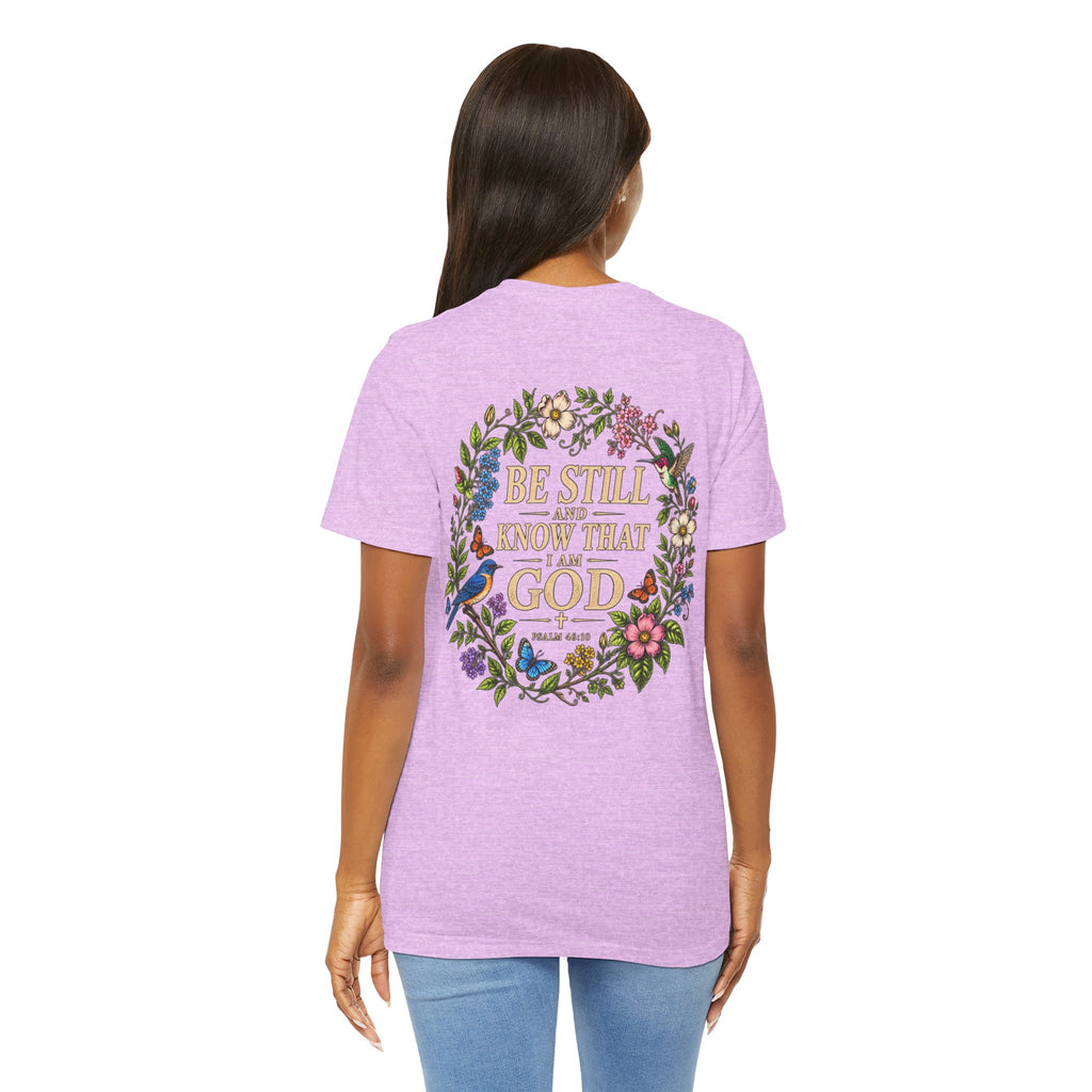Be Still and Know Tee — Floral Christian Scripture T‑Shirt (Psalm 46:10)