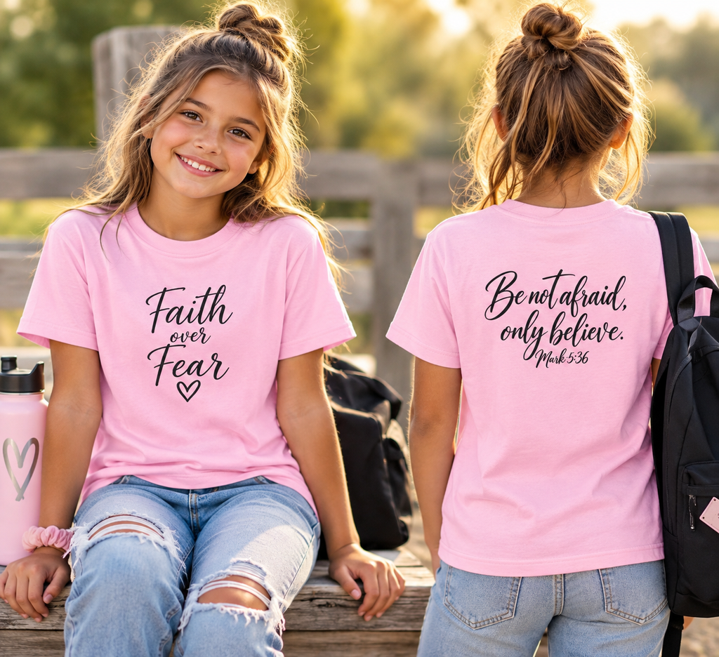 Faith Over Fear Youth Tee Black Lettering — 'Be not afraid, only believe' Inspirational Christian Shirt